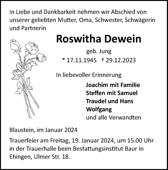 Traueranzeige von Roswitha Dewein von SÜDWEST PRESSE Ausgabe Ulm/Neu-Ulm