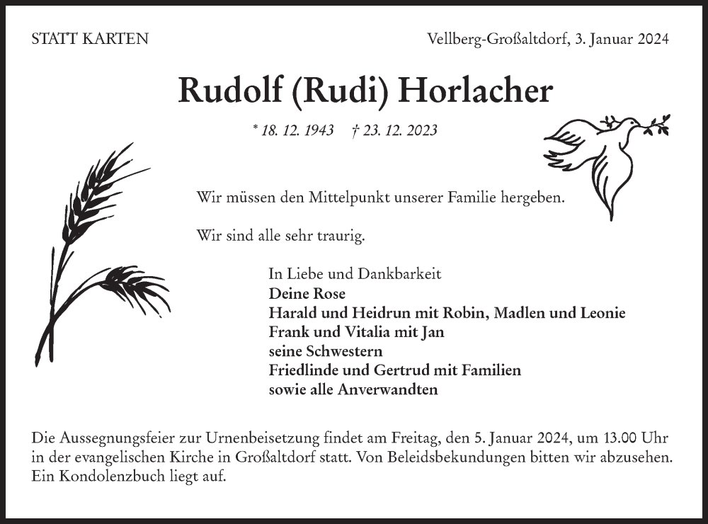  Traueranzeige für Rudolf Horlacher vom 03.01.2024 aus Haller Tagblatt