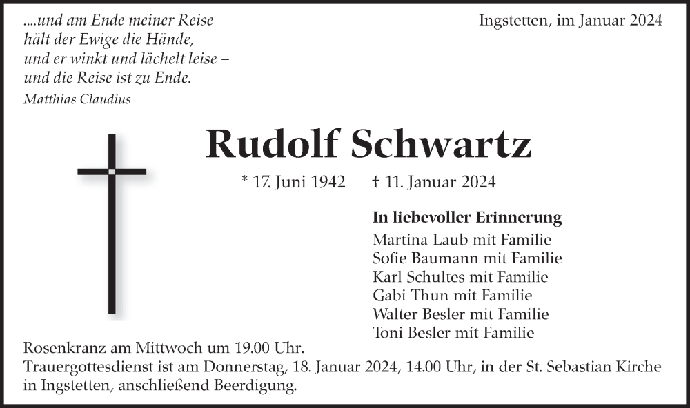  Traueranzeige für Rudolf Schwartz vom 16.01.2024 aus Ehinger Tagblatt/Alb-Bote