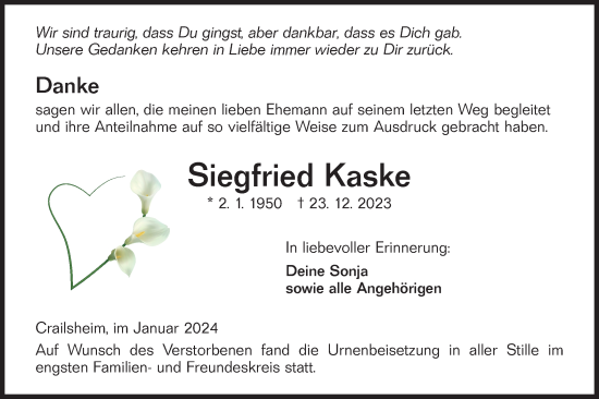 Traueranzeige von Siegfried Kaske von Hohenloher Tagblatt