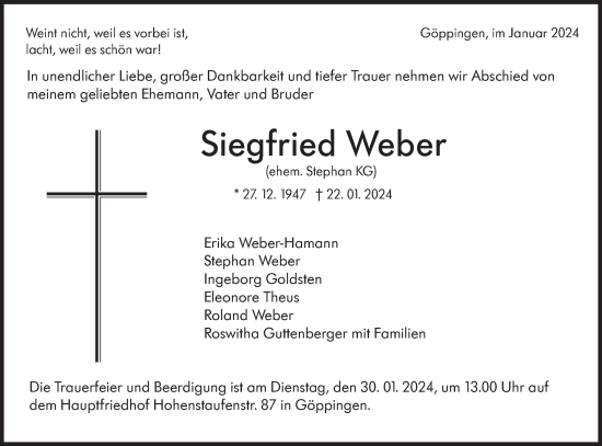 Traueranzeige von Siegfried Weber von NWZ Neue Württembergische Zeitung/Geislinger Zeitung