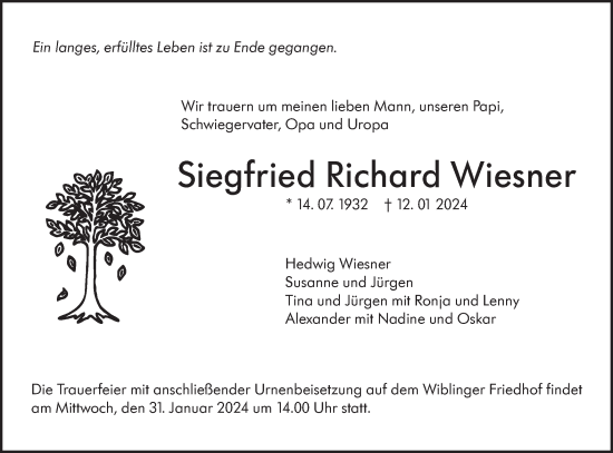Traueranzeige von Siegfried Richard Wiesner von SÜDWEST PRESSE Ausgabe Ulm/Neu-Ulm