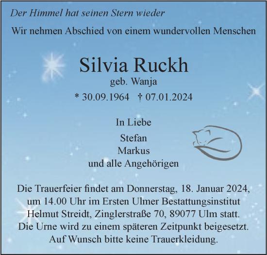 Traueranzeige von Silvia Ruckh von SÜDWEST PRESSE Ausgabe Ulm/Neu-Ulm