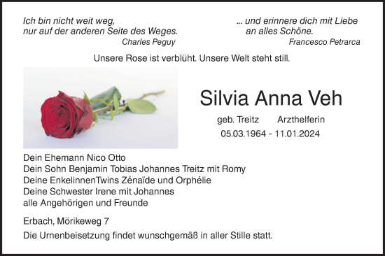 Traueranzeige von Silvia Anna Veh von SÜDWEST PRESSE Ausgabe Ulm/Neu-Ulm