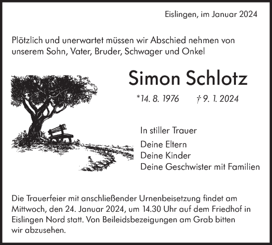 Traueranzeige von Simon Schlotz von NWZ Neue Württembergische Zeitung