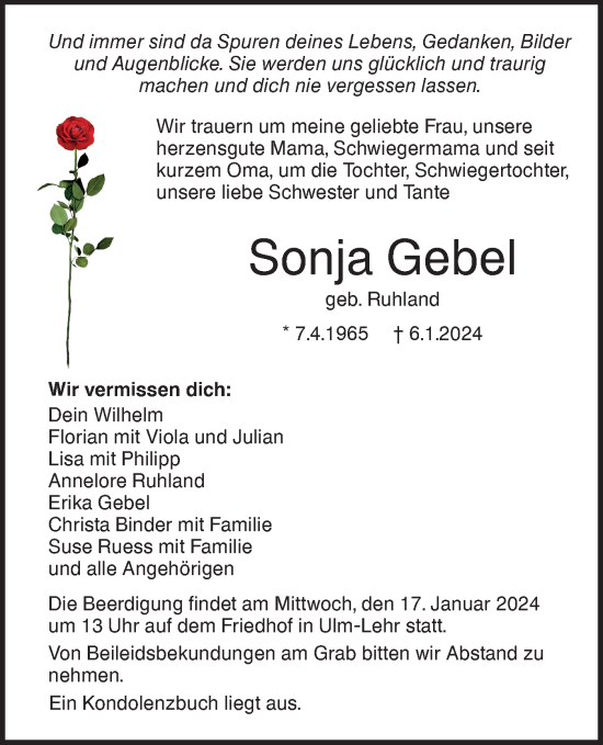 Traueranzeige von Sonja Gebel von SÜDWEST PRESSE Ausgabe Ulm/Neu-Ulm