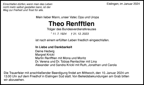 Traueranzeige von Theo Renfftlen von NWZ Neue Württembergische Zeitung