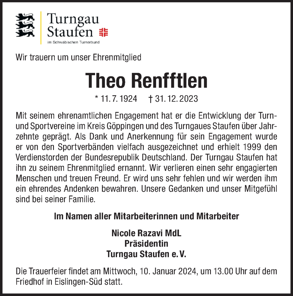  Traueranzeige für Theo Renfftlen vom 05.01.2024 aus NWZ Neue Württembergische Zeitung