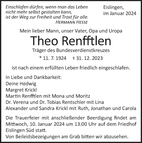 Traueranzeige von Theo Renfftlen von Geislinger Zeitung