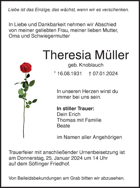 Traueranzeige von Theresia Müller von SÜDWEST PRESSE Ausgabe Ulm/Neu-Ulm