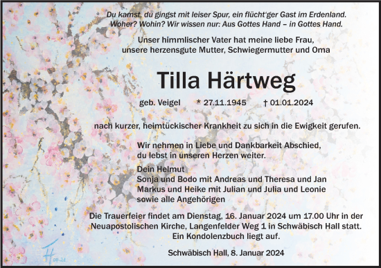 Traueranzeige von Tilla Härtweg von Haller Tagblatt