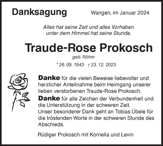 Traueranzeige von Traude-Rose Prokosch von NWZ Neue Württembergische Zeitung