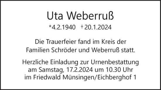 Traueranzeige von Uta Weberruß von SÜDWEST PRESSE Ausgabe Ulm/Neu-Ulm