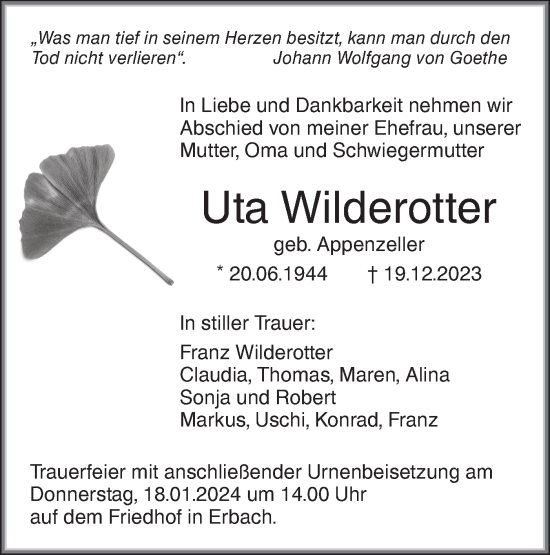 Traueranzeige von Uta Wilderotter von SÜDWEST PRESSE Ausgabe Ulm/Neu-Ulm