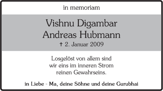 Traueranzeige von Vishnu Digambar Andreas Hubmann von SÜDWEST PRESSE Ausgabe Ulm/Neu-Ulm