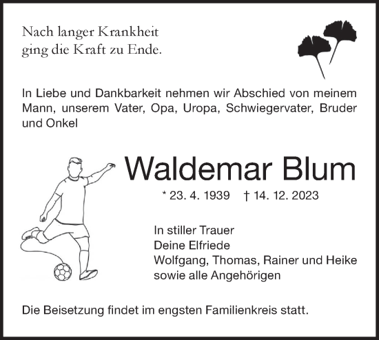 Traueranzeige von Waldemar Blum von NWZ Neue Württembergische Zeitung