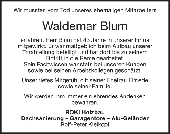 Traueranzeige von Waldemar Blum von NWZ Neue Württembergische Zeitung