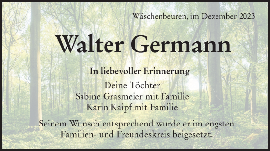 Traueranzeige von Walter Germann von NWZ Neue Württembergische Zeitung