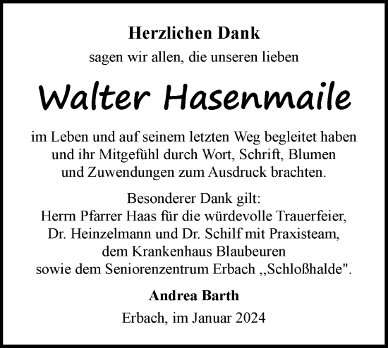 Traueranzeige von Walter Hasenmaile von SÜDWEST PRESSE Ausgabe Ulm/Neu-Ulm