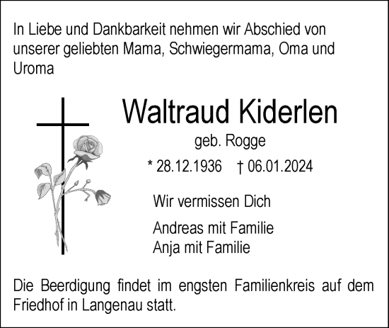 Traueranzeige von Waltraud Kiderlen von SÜDWEST PRESSE Ausgabe Ulm/Neu-Ulm