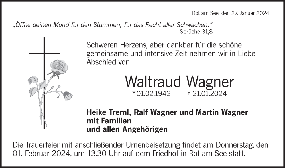  Traueranzeige für Waltraud Wagner vom 27.01.2024 aus Hohenloher Tagblatt