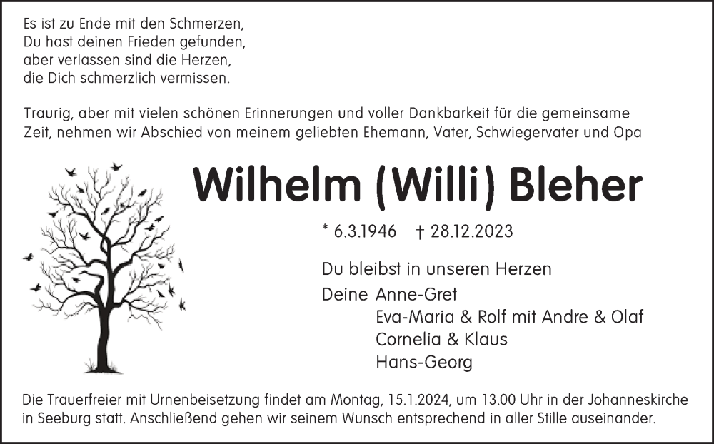  Traueranzeige für Wilhelm Bleher vom 11.01.2024 aus Alb-Bote/Metzinger-Uracher Volksblatt