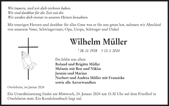 Traueranzeige von Wilhelm Müller von Hohenloher Tagblatt