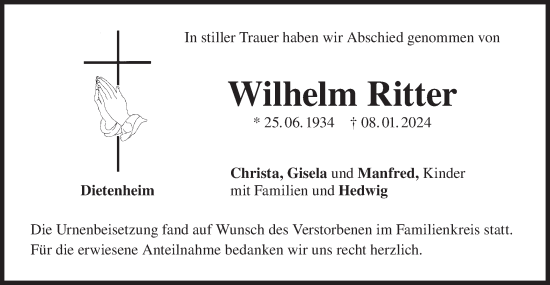 Traueranzeige von Wilhelm Ritter von SÜDWEST PRESSE Ausgabe Ulm/Neu-Ulm