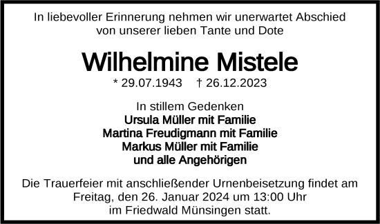 Traueranzeige von Wilhelmine Mistele von Alb-Bote/Metzinger-Uracher Volksblatt