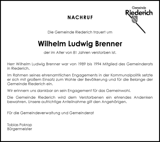 Traueranzeige von Wilhelm Ludwig Brenner von SÜDWEST PRESSE/SÜDWEST PRESSE