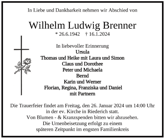 Traueranzeige von Wilhelm Ludwig Brenner von Alb-Bote/Metzinger-Uracher Volksblatt