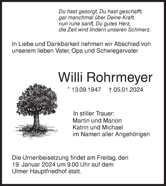 Traueranzeige von Willi Rohrmeyer von SÜDWEST PRESSE Ausgabe Ulm/Neu-Ulm