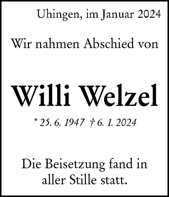 Traueranzeige von Willi Welzel von NWZ Neue Württembergische Zeitung