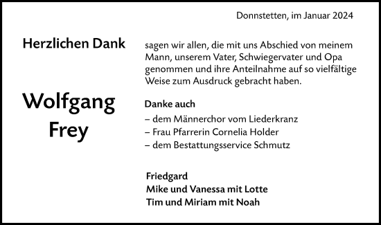 Traueranzeige von Wolfgang Frey von Alb-Bote/Metzinger-Uracher Volksblatt