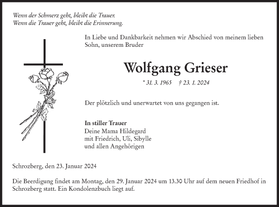 Traueranzeige von Wolfgang Grieser von Hohenloher Tagblatt