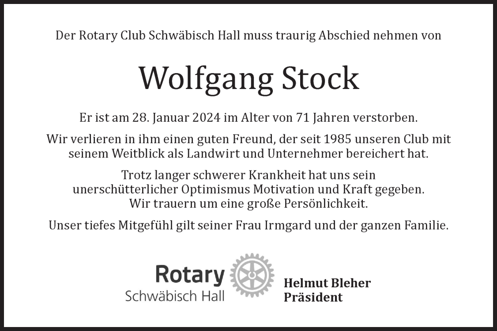  Traueranzeige für Wolfgang Stock vom 30.01.2024 aus Haller Tagblatt