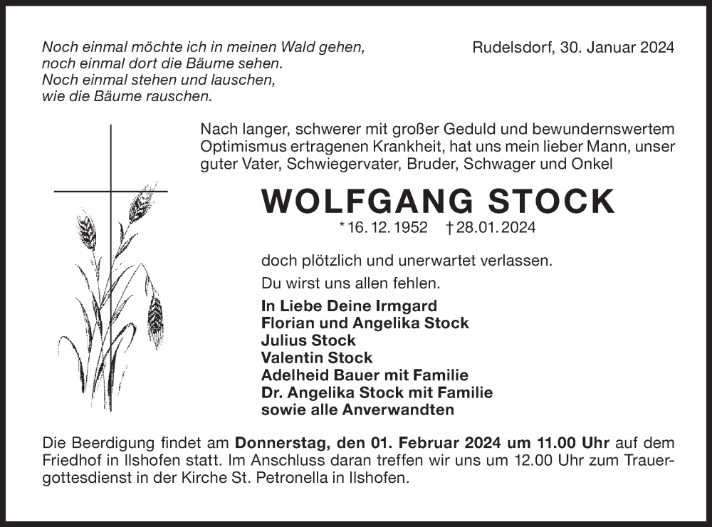  Traueranzeige für Wolfgang Stock vom 30.01.2024 aus Haller Tagblatt