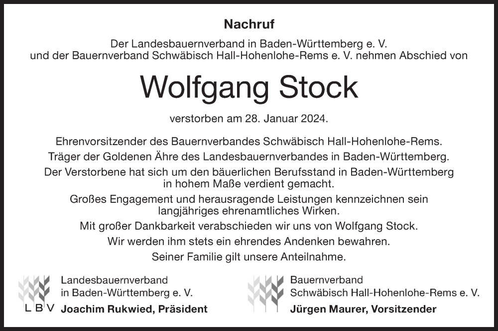  Traueranzeige für Wolfgang Stock vom 31.01.2024 aus Haller Tagblatt