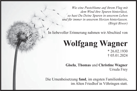 Traueranzeige von Wolfgang Wagner von SÜDWEST PRESSE Ausgabe Ulm/Neu-Ulm
