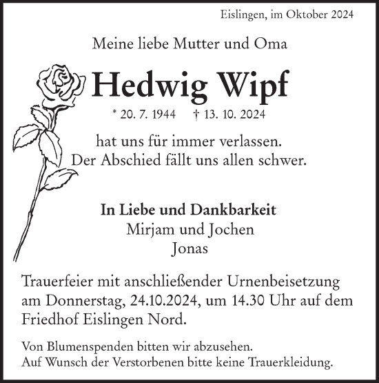 Traueranzeige von Hedwig Wipf von SÜDWEST PRESSE Ausgabe Ulm/Neu-Ulm