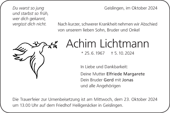 Traueranzeige von Achim Lichtmann von Geislinger Zeitung