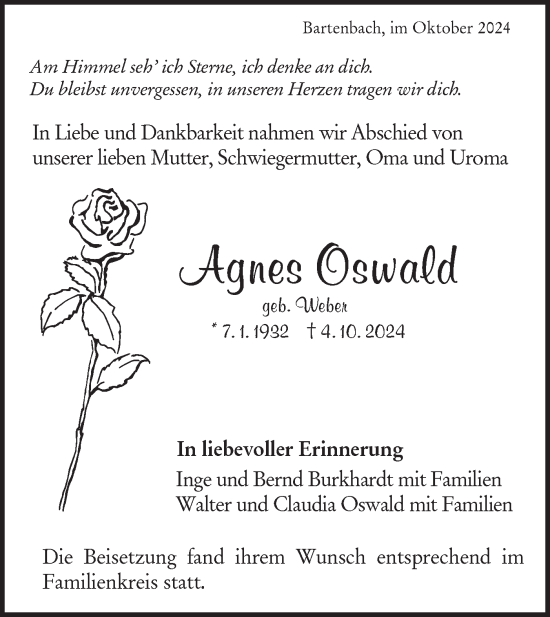 Traueranzeige von Agnes Oswald von NWZ Neue Württembergische Zeitung