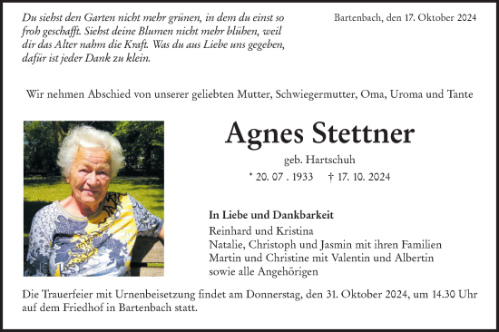 Traueranzeige von Agnes Stettner von NWZ Neue Württembergische Zeitung