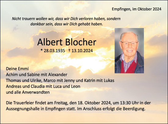 Traueranzeige von Albert Blocher von Neckar-Chronik