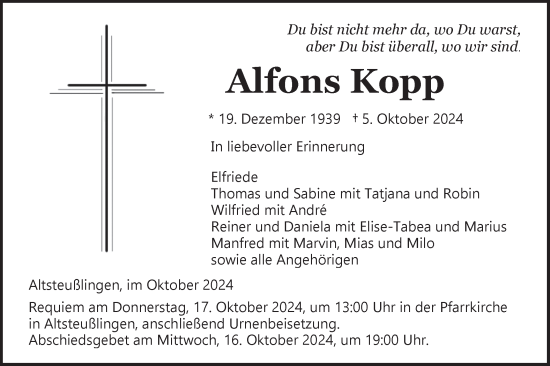 Traueranzeige von Alfons Kopp von Ehinger Tagblatt