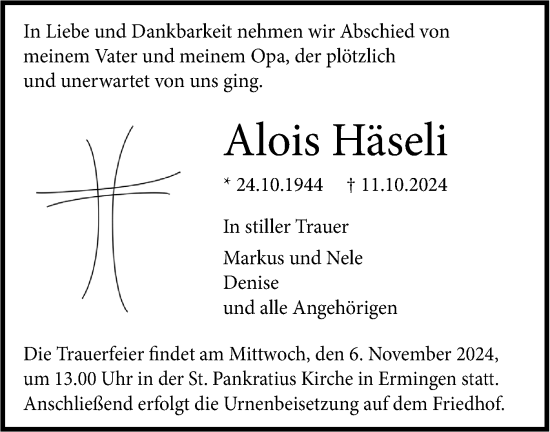 Traueranzeige von Alois Häseli von SÜDWEST PRESSE Ausgabe Ulm/Neu-Ulm