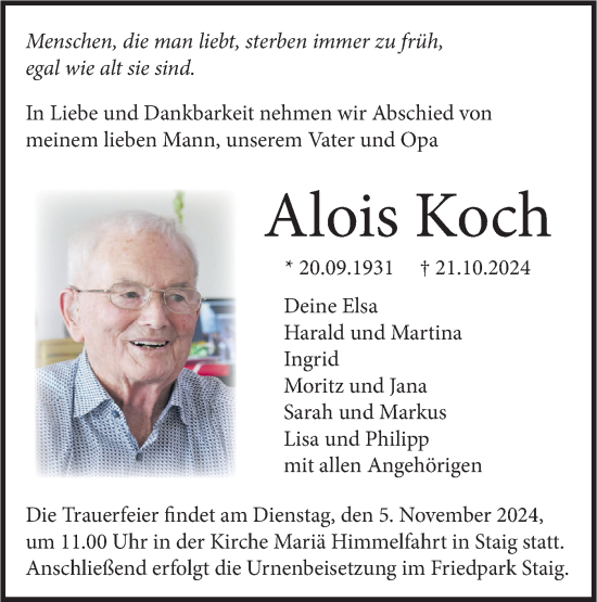 Traueranzeige von Alois Koch von SÜDWEST PRESSE Ausgabe Ulm/Neu-Ulm