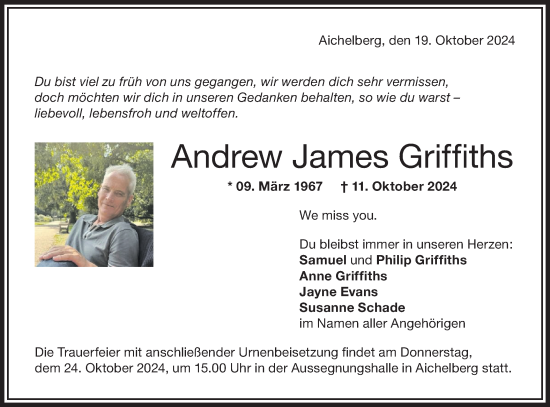 Traueranzeige von Andrew James Griffiths von NWZ Neue Württembergische Zeitung