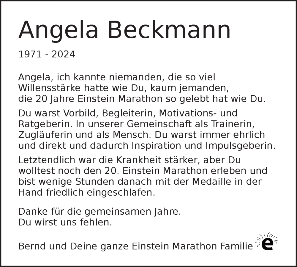  Traueranzeige für Angela Beckmann vom 05.10.2024 aus SÜDWEST PRESSE Ausgabe Ulm/Neu-Ulm