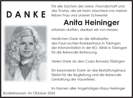 Traueranzeige von Anita Heininger von Schwäbische Tagblatt